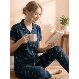 lacylook Women Shirt & Pyjama set Dark Blue Printed, Conversational-picture-12