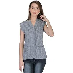 lady willington Women Woolen Cardigan Sleeveless Self Design Cardigan Daffodil Fabric Winter Wear Pure Wool Cardigan 100% Daffodil Wool Free Size Cotty Fully Warm with Front Pockets (S, Grey)-picture-47