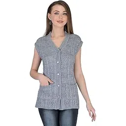 lady willington Women Woolen Cardigan Sleeveless Self Design Cardigan Rainbow Fabric Winter Wear Pure Wool Cardigan 100% Rainbow Wool Free Size Cotty Fully Warm with Front Pockets (L, Grey)-picture-28
