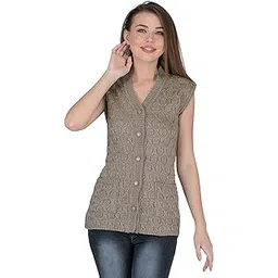 lady willington Women Woolen Cardigan Sleeveless Self Design Cardigan Rainbow Fabric Winter Wear Pure Wool Cardigan 100% Rainbow Wool Free Size Cotty Fully Warm with Front Pockets (L, Walnut)-picture-19