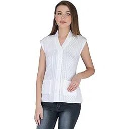lady willington Women Woolen Cardigan Sleeveless Self Design Cardigan Rainbow Fabric Winter Wear Pure Wool Cardigan 100% Rainbow Wool Free Size Cotty Fully Warm with Front Pockets (L, White)-picture-22