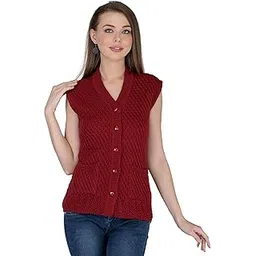 lady willington Women Woolen Cardigan Sleeveless Self Design Cardigan Rainbow Fabric Winter Wear Pure Wool Cardigan 100% Rainbow Wool Free Size Cotty Fully Warm with Front Pockets (M, Maroon)-picture-37