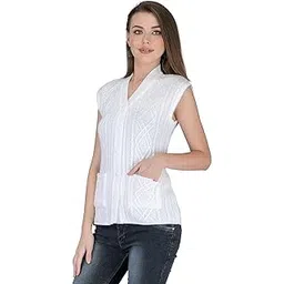 lady willington Women Woolen Cardigan Sleeveless Self Design Cardigan Rainbow Fabric Winter Wear Pure Wool Cardigan 100% Rainbow Wool Free Size Cotty Fully Warm with Front Pockets (XXXL, White)-picture-20