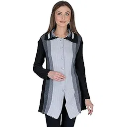 lady willington Women Woolen Double Collar Multicolour Cardigan Daffodil Fabric Winter Wear Pure Wool Cardigan for Women Free Size Long Cotty Warm (BlackGrey, M)-picture-18