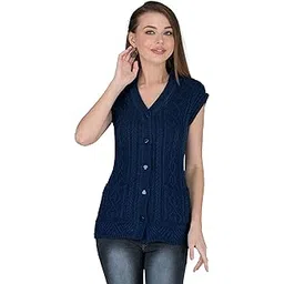 lady willington Women Woolen Sleeveless Self Design Cardigan - Rainbow Fabric Winter Wear Pure Wool 100% Rainbow Wool Free Size Cotty Fully Warm With Front Pockets (XXXL, Navy)-picture-37