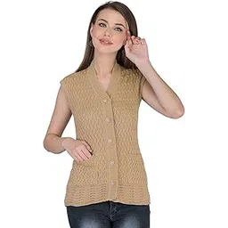 lady willington Women Woolen V-Neck Cardigan Sleeveless Self Design Cardigan Daffodil Fabric Winter Wear Pure Wool Cardigan 100% Daffodil Free Size Cotty Fully Warm with Front Pockets-picture-48