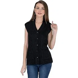 lady willington Women Woolen V-Neck Cardigan Sleeveless Self Design Cardigan Rainbow Fabric Winter Wear Pure Wool Cardigan 100% Rainbow Wool Free Size Cotty Fully Warm with Front Pockets (XXXL, Black)-picture-32