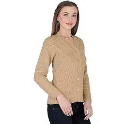 lady willington Women Woolen V-Neck Self Design Cardigan Heavy Daffodil Fabric Cardigan Winter Wear Pure Wool Cardigan for Women Free Size Long Cotty Fully Warm Cardigans (L, Skin)-picture-43