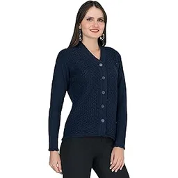 lady willington Women Woolen V-Neck Self Design Cardigan Heavy Daffodil Fabric Cardigan Winter Wear Pure Wool Cardigan for Women Free Size Long Cotty Fully Warm Cardigans (XL, Navy)-picture-23