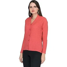 lady willington Women Woolen V-Neck Self Design Cardigan Heavy Daffodil Fabric Cardigan Winter Wear Pure Wool Cardigan for Women Free Size Long Cotty Fully Warm Cardigans (XS, Peach)-picture-13