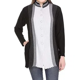 lady willington Women's Woolen Band Neck Cardigan - Printed Heavy Front Multicolor Daffodil Fabric Winter Wear Pure Wool Cardigan for Women - Free Size Long Cotty (BlackGrey, XXXL)-picture-26