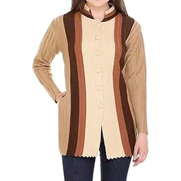 lady willington Women's Woolen Band Neck Cardigan - Printed Heavy Front Multicolor Daffodil Fabric Winter Wear Pure Wool Cardigan for Women - Free Size Long Cotty (Brown, Medium)-picture-19