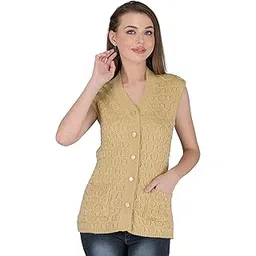 lady willington Women's Woolen Cardigan - Sleeveless, Self Design, Rainbow Fabric, V-Neck, Pure Wool, Winter Wear, Free Size, Cotty, Fully Warm, Front Pockets (M, Dark Skin)-picture-31