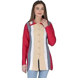 lady willington Women's Woolen Double Collar Long Cozy Multicoloured Daffodil Fabric Pure Wool Cardigan (Magenta, 3XL)-picture-28