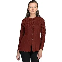 lady willington Women's Woolen Round Neck Cardigan with Heavy Front Embroidery Daffodil Fabric - Pure Wool Winter Wear - Free Size Long Cotty - Fully Warm - Maroon, XS-picture-29