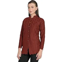 lady willington Women's Woolen Round Neck Cardigan with Heavy Front Embroidery Daffodil Fabric - Pure Wool Winter Wear - Free Size Long Cotty - Fully Warm - Maroon, XXXL-picture-12