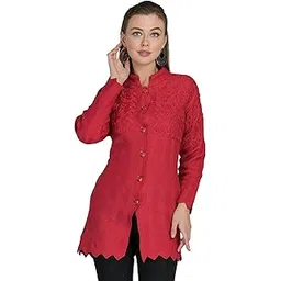 lady willington Women's Woolen Round Neck Cardigan with Heavy Front Embroidery Daffodil Fabric - Winter Wear Pure Wool Cardigan for Women - Free Size Long Cotty - Fully Warm - PINKYPEACH, XXXL-picture-14
