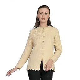 lady willington Women's Woolen Round Neck Cardigan with Heavy Front Embroidery Daffodil Fabric - Winter Wear Pure Wool Cardigan for Women - Free Size Long - Fully Warm-picture-54