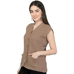 lady willington Women's Woolen Sleeveless Self Design Cardigan - Daffodil Fabric Winter Wear Pure Wool - 100% Daffodil - Free Size Cotty - Fully Warm with Front Pockets (XXXXL, Dark Walnut)-picture-11