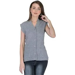lady willington Women's Woolen Sleeveless Self Design Cardigan - Daffodil Fabric Winter Wear Pure Wool 100% Daffodil Wool Free Size Cotty Fully Warm with Front Pockets (XXXL, Grey)-picture-42