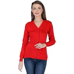 lady willington Women's Woolen V-Neck Cardigan - Heavy Daffodil Fabric Winter Wear Pure Wool Cardigan for Women - Free Size - Cotty - Fully Warm (RED, Small)-picture-34