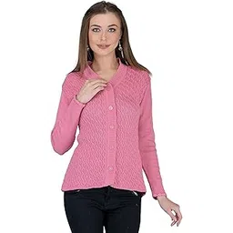 lady willington Women's Woolen V-Neck Cardigan - Heavy Daffodil Fabric Winter Wear Pure Wool Cardigan for Women - Free Size Long Cotty Fully Warm - Pink (Small)-picture-53