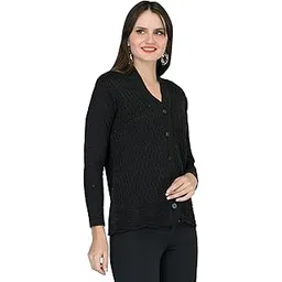 lady willington Women's Woolen V-Neck Cardigan - Heavy Daffodil Fabric Winter Wear Pure Wool Cardigan for Women - Free Size Long Cotty - Fully Warm - X-Small, Black-picture-36