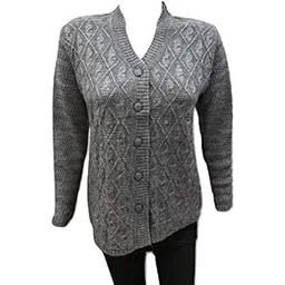lady willington Women's Woolen V-Neck Cardigan - Heavy Daffodil Fabric Winter Wear Pure Wool Cardigan for Women - Free Size Long - Fully Warm (XL, Grey)-picture-35