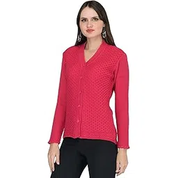 lady willington Women's Woolen V-Neck Cardigan - Heavy Daffodil Fabric Winter Wear Pure Wool Long Cotty Fully Warm (Small, Magenta)-picture-33