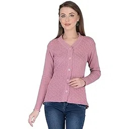 lady willington Women's Woolen V-Neck Self Design Cardigan - Heavy Daffodil Fabric, Winter Warm Cardigan (Small, Dusty Pink)-picture-18