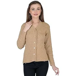 lady willington Women's Woolen V-Neck Self Design Cardigan - Heavy Daffodil Fabric, Winter Warm, Pure Wool, Free Size Long, SKINNYBROWN-picture-12