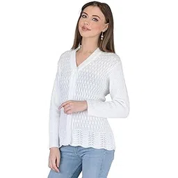 lady willington Women's Woolen V-Neck Self Design Cardigan - Heavy Daffodil Fabric Winter Wear Pure Wool Cardigan for Women - Free Size Long Cotty Fully Warm (2XL, White)-picture-26