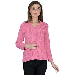 lady willington Women's Woolen V-Neck Self Design Cardigan - Heavy Daffodil Fabric Winter Wear Pure Wool Cardigan for Women - Free Size Long Cotty Fully Warm (3XL, Pink)-picture-20