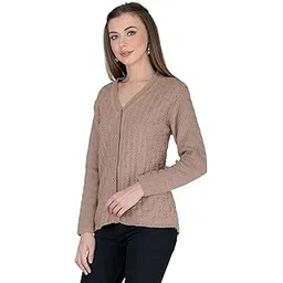 lady willington Women's Woolen V-Neck Self Design Cardigan - Heavy Daffodil Fabric Winter Wear Pure Wool Cardigan for Women - Free Size Long Cotty Fully Warm (3XL, Walnut)-picture-32