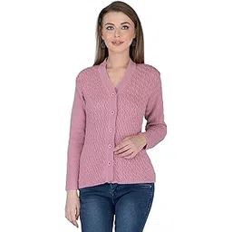 lady willington Women's Woolen V-Neck Self Design Cardigan - Heavy Daffodil Fabric Winter Wear Pure Wool Cardigan for Women - Free Size Long Cotty Fully Warm (Large, Dusty Pink)-picture-17