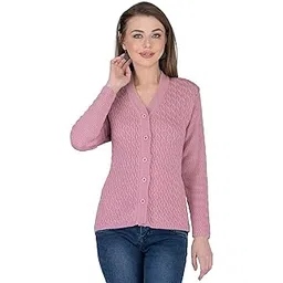 lady willington Women's Woolen V-Neck Self Design Cardigan - Heavy Daffodil Fabric Winter Wear Pure Wool Cardigan for Women - Free Size Long Cotty Fully Warm - X-Small, Dusty Pink-picture-13