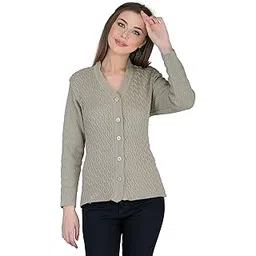 lady willington Women's Woolen V-Neck Self Design Cardigan - Heavy Daffodil Fabric Winter Wear Pure Wool Cardigan for Women - Free Size Long - Fully Warm (XXL, Mouse)-picture-31