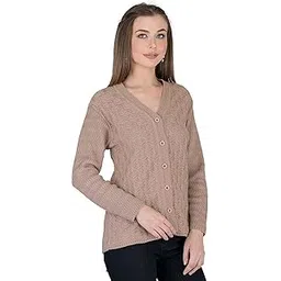 lady willington Women's Woolen V-Neck Self Design Cardigan - Heavy Daffodil Fabric Winter Wear Pure Wool Long Cotty Fully Warm (2XL, Walnut)-picture-18