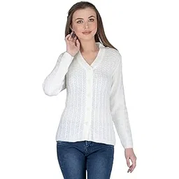 lady willington Women's Woolen V-Neck Self Design Cardigan - Heavy Rainbow Fabric Winter Wear Pure Wool Cardigan for Women - Free Size Long Cotty - Fully Warm - Free Sizes (4XL, White)-picture-15