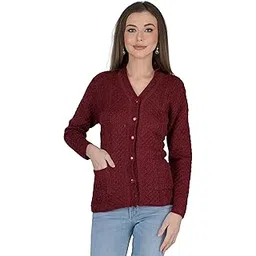 lady willington Women's Woolen V-Neck Self Design Cardigan - Heavy Rainbow Fabric Winter Wear Pure Wool Long Cotty Fully Warm Free Size (4XL, Maroon)-picture-11