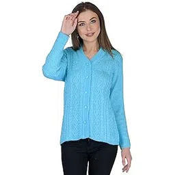 lady willington Women's Woolen V-Neck Self Design Rainbow Fabric Cardigan - Winter Wear Pure Wool Cardigan for Women - Free Size Long Cotty - Fully Warm - Free Sizes (4XL, SkyBlue)-picture-27