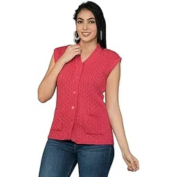 lady willington Women's Woolen V-Neck Sleeveless Self Design Cardigan - Daffodil Fabric Winter Wear Pure Wool - 100% Daffodil - Free Size Cotty - Fully Warm with Front Pockets (M, Magenta)-picture-26