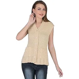 lady willington Women's Woolen V-Neck Sleeveless Self Design Cardigan - Daffodil Fabric Winter Wear Pure Wool 100% Daffodil Wool (S, Light Skin)-picture-48
