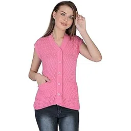 lady willington Women's Woolen V-Neck Sleeveless Self Design Cardigan - Daffodil Fabric Winter Wear Pure Wool Cardigan 100% Daffodil Wool Free Size Cotty Fully Warm with Front Pockets (M, Pink)-picture-22