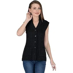 lady willington Women's Woolen V-Neck Sleeveless Self Design Cardigan - Daffodil Fabric Winter Wear Pure Wool Cardigan 100% Daffodil Wool Free Size Cotty Fully Warm with Front Pockets (XL, Black)-picture-25