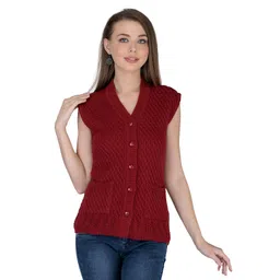 lady willington Women Woolen Cardigan Sleeveless Self Design Cardigan Rainbow Fabric Winter Wear Pure Wool Cardigan 100% Rainbow Wool Free Size Cotty Fully Warm with Front Pockets (M, Maroon) image 1