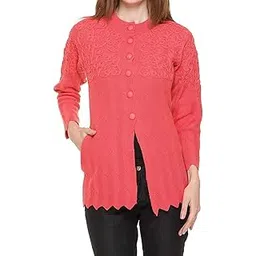 lady willington Women's Woolen V-Neck Cardigan - Printed Heavy Front Kadai Daffodil Fabric Winter Wear Pure Wool Cardigan for Women - Free Size Long Cotty - Fully Warm - Carrot, Medium image 1