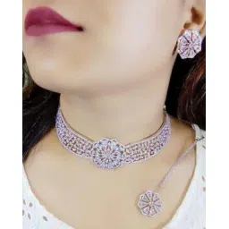 ladymania Women Silver-Plated American Diamond-Studded Necklace & Earrings Set with Mangtika-picture-43