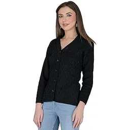 ladywillington Lady Willington Women Woolen V-Neck Self Design Cardigan Heavy Daffodil Fabric Cardigan Winter Wear Pure Wool Cardigan for Women Free Size Long Cotty Fully Warm Cardigans (M, Black)-picture-13