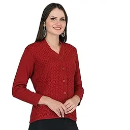 ladywillington Lady Willington Women Woolen V-Neck Self Design Cardigan Heavy Daffodil Fabric Cardigan Winter Wear Pure Wool Cardigan for Women Free Size Long Cotty Fully Warm Cardigans (M, Maroon)-picture-37